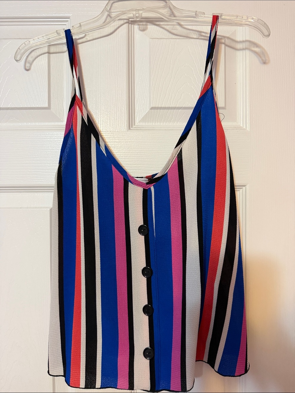 Striped Button-Front Spaghetti Strap Tank Top in Blue, Pink & Black
